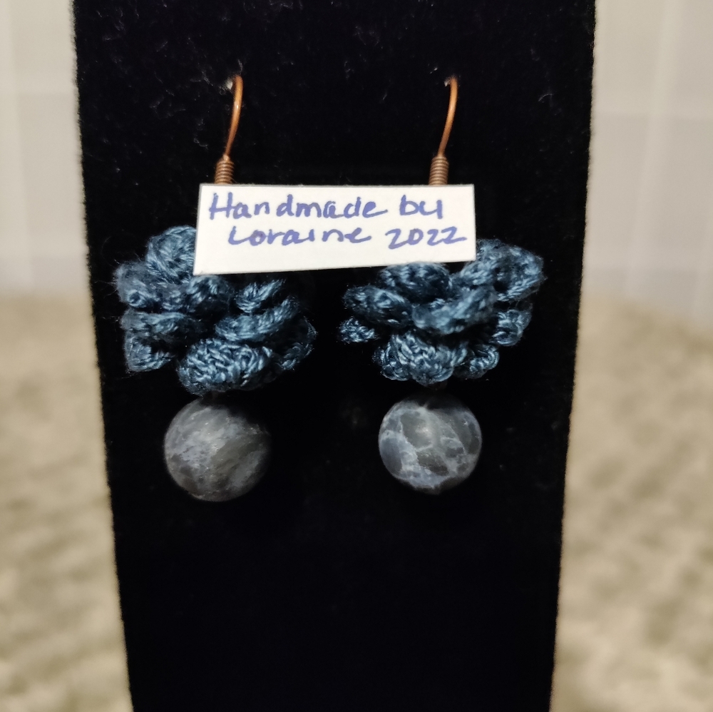 Handmade Blue Crochet Flower with Blue Bead Earrings, women's jewelry, fashion